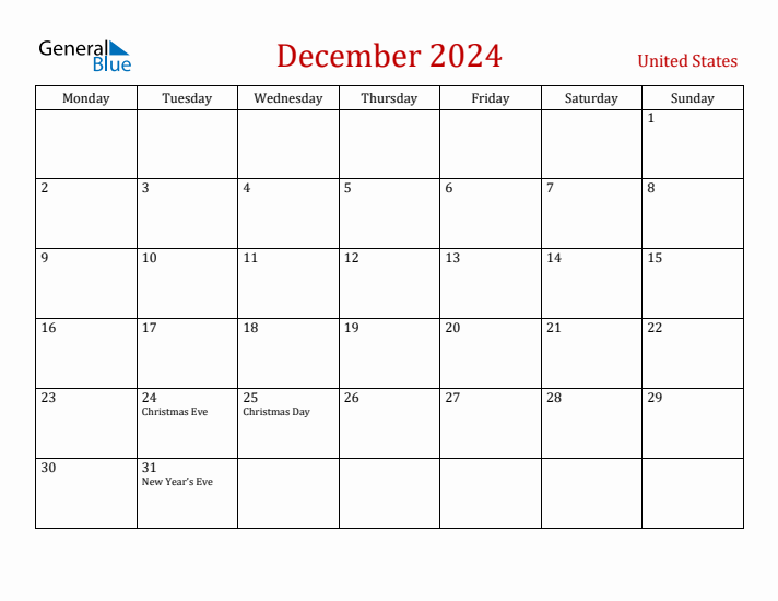 United States December 2024 Calendar - Monday Start