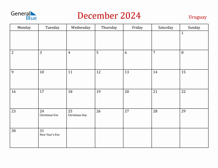 Uruguay December 2024 Calendar - Monday Start