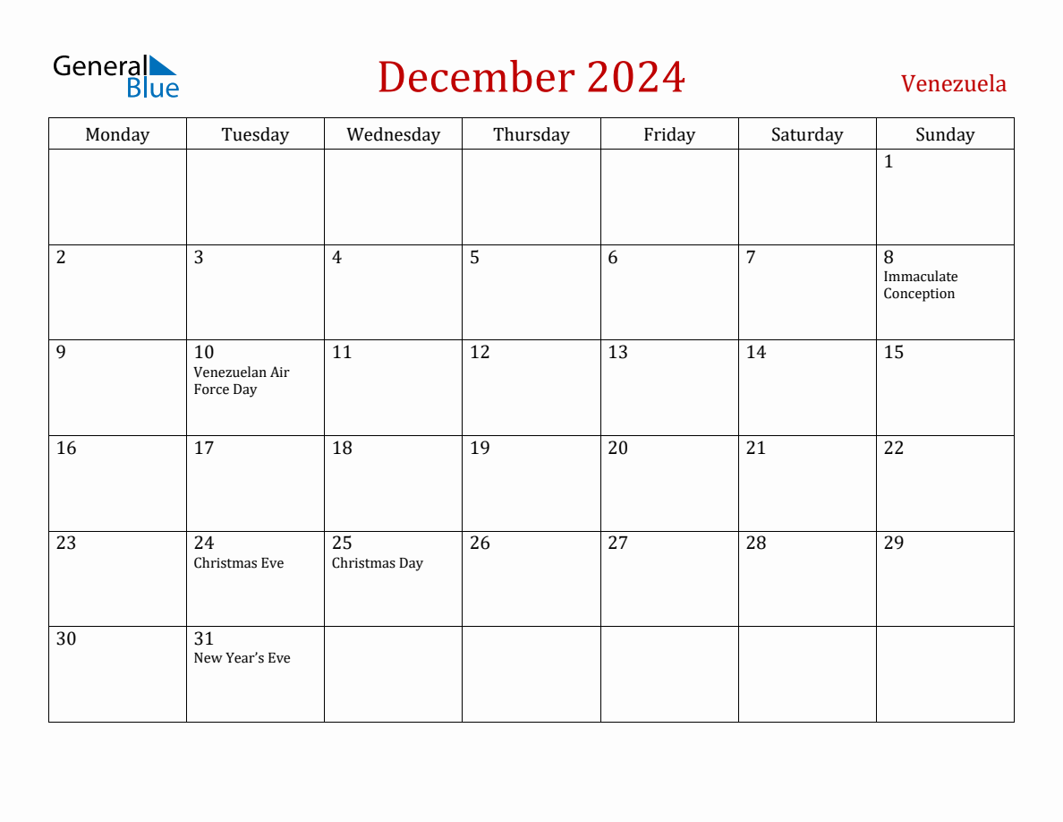 December 2024 Venezuela Monthly Calendar with Holidays