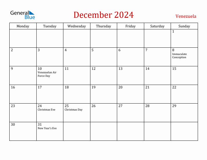 Venezuela December 2024 Calendar - Monday Start