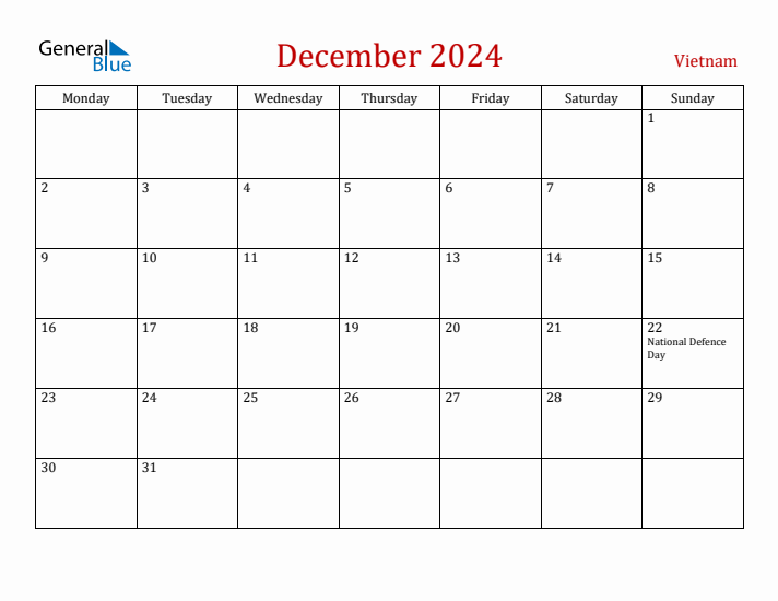 Vietnam December 2024 Calendar - Monday Start