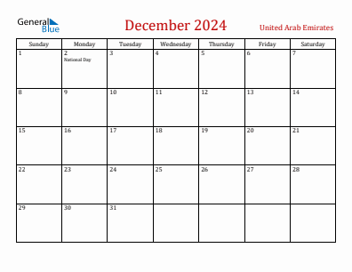 Current month calendar with United Arab Emirates holidays for December 2024