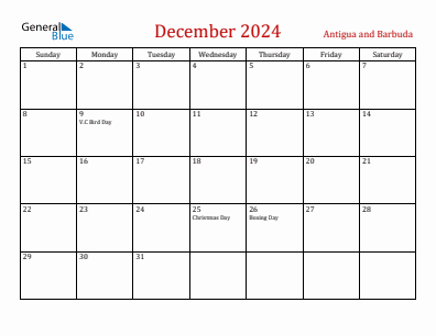 Current month calendar with Antigua and Barbuda holidays for December 2024