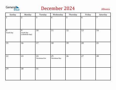 Current month calendar with Albania holidays for December 2024