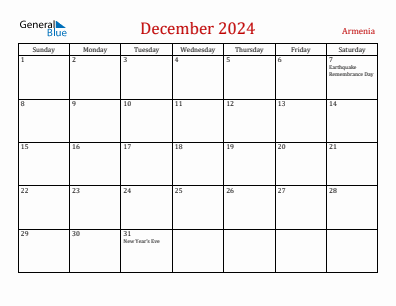 Current month calendar with Armenia holidays for December 2024