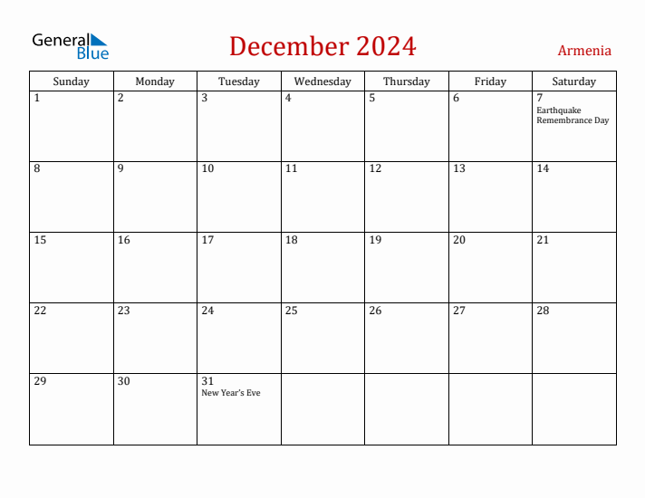 Armenia December 2024 Calendar - Sunday Start