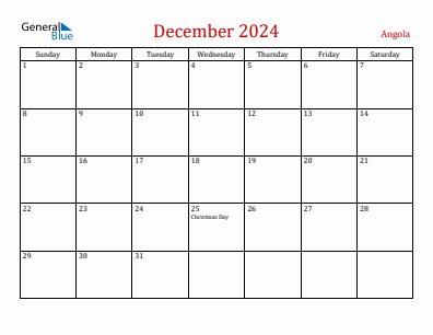 Current month calendar with Angola holidays for December 2024