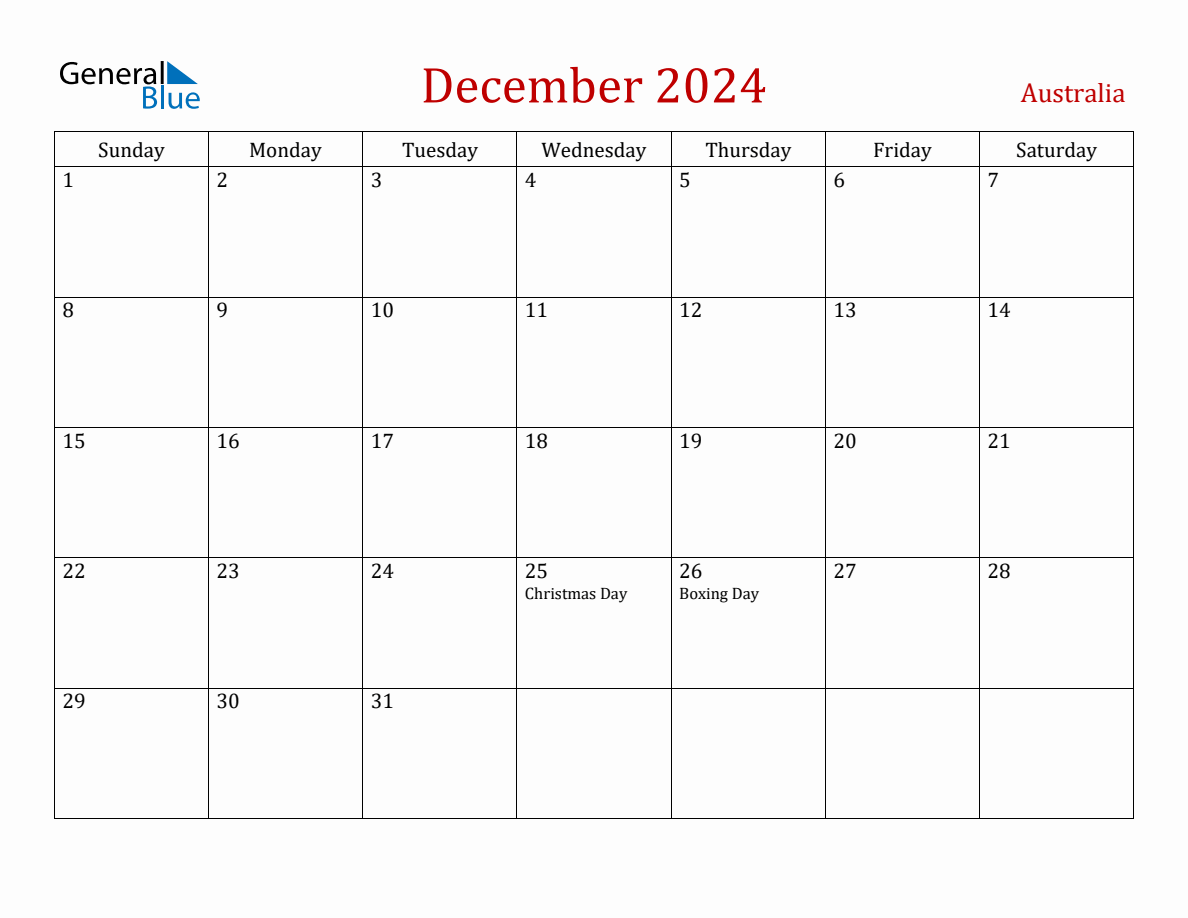 December 2024 Australia Monthly Calendar with Holidays