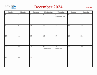 Current month calendar with Aruba holidays for December 2024