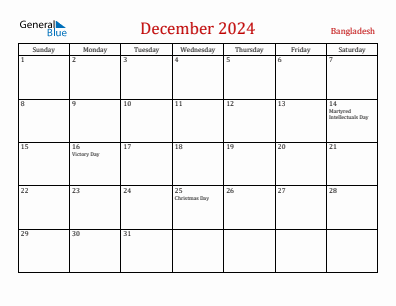 Current month calendar with Bangladesh holidays for December 2024