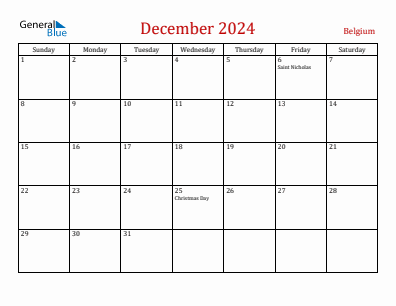 Current month calendar with Belgium holidays for December 2024