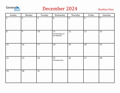 Current month calendar with Burkina Faso holidays for December 2024