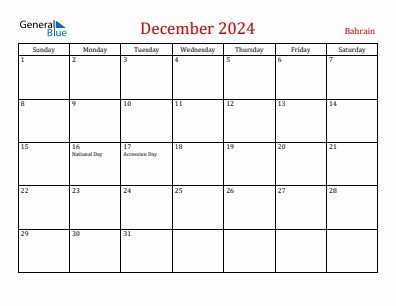 Current month calendar with Bahrain holidays for December 2024