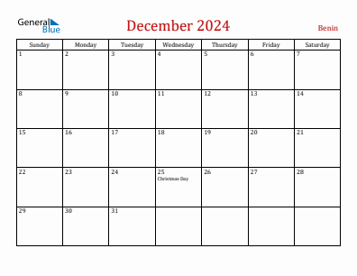 Current month calendar with Benin holidays for December 2024