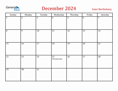 Current month calendar with Saint Barthelemy holidays for December 2024