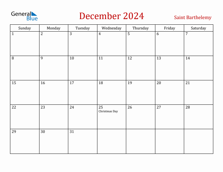 Saint Barthelemy December 2024 Calendar - Sunday Start