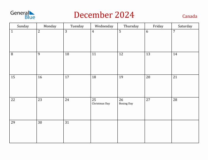 Canada December 2024 Calendar - Sunday Start