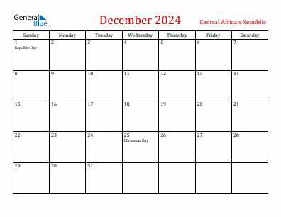 Current month calendar with Central African Republic holidays for December 2024