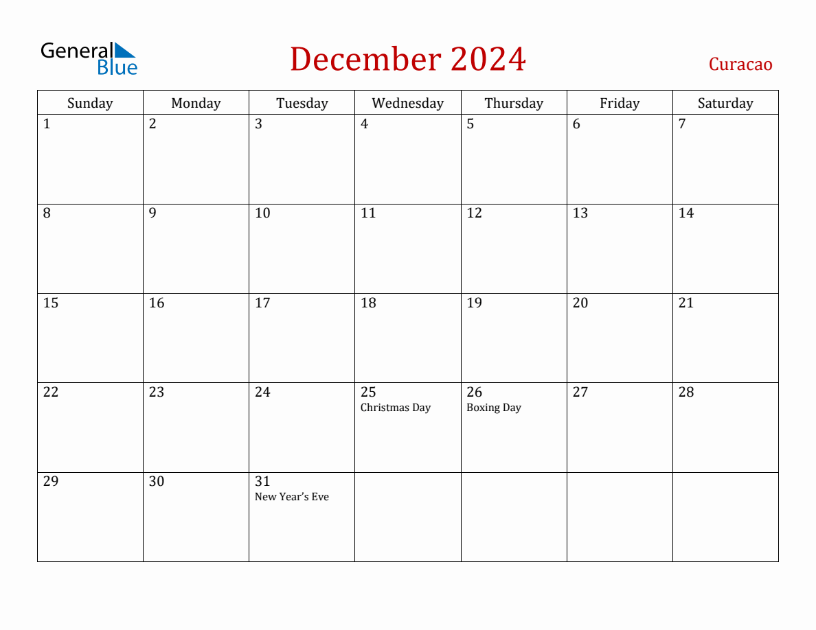 December 2024 Curacao Monthly Calendar with Holidays