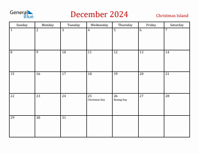 Current month calendar with Christmas Island holidays for December 2024