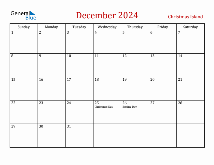 Christmas Island December 2024 Calendar - Sunday Start