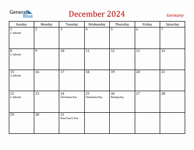 Current month calendar with Germany holidays for December 2024