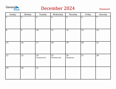 Current month calendar with Denmark holidays for December 2024