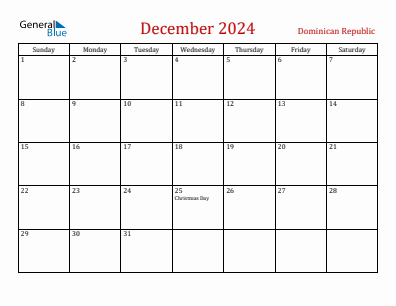 Current month calendar with Dominican Republic holidays for December 2024