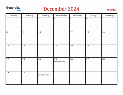 Current month calendar with Ecuador holidays for December 2024