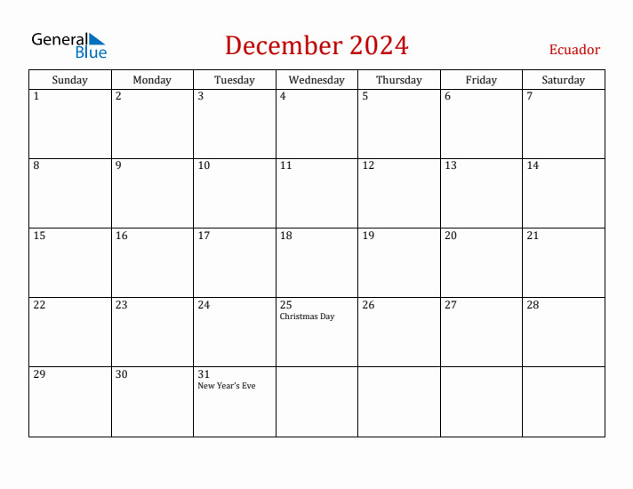 Ecuador December 2024 Calendar - Sunday Start