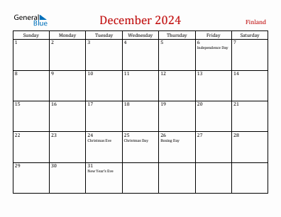 Current month calendar with Finland holidays for December 2024