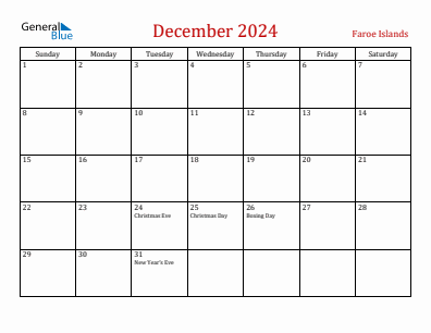 Current month calendar with Faroe Islands holidays for December 2024