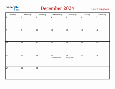 Current month calendar with United Kingdom holidays for December 2024