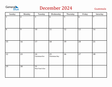 Current month calendar with Guatemala holidays for December 2024