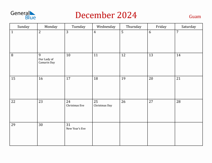 Guam December 2024 Calendar - Sunday Start