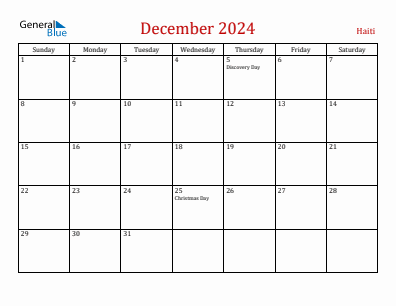 Current month calendar with Haiti holidays for December 2024