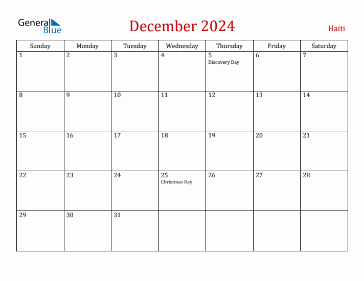 Haiti December 2024 Calendar - Sunday Start