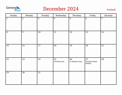 Current month calendar with Ireland holidays for December 2024