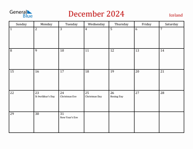 Current month calendar with Iceland holidays for December 2024