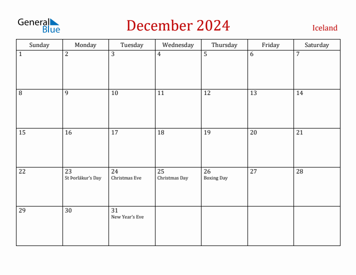 Iceland December 2024 Calendar - Sunday Start