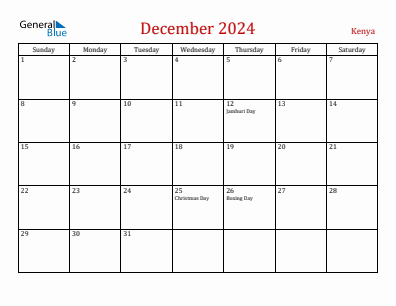 Current month calendar with Kenya holidays for December 2024