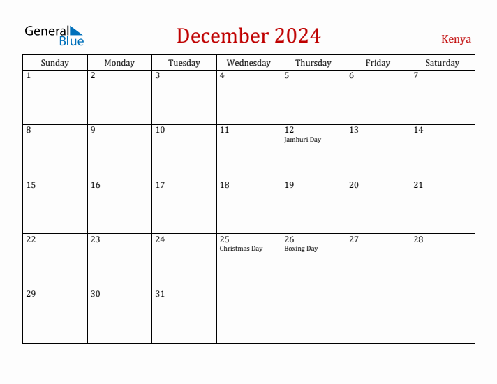 Kenya December 2024 Calendar - Sunday Start