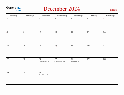 Current month calendar with Latvia holidays for December 2024