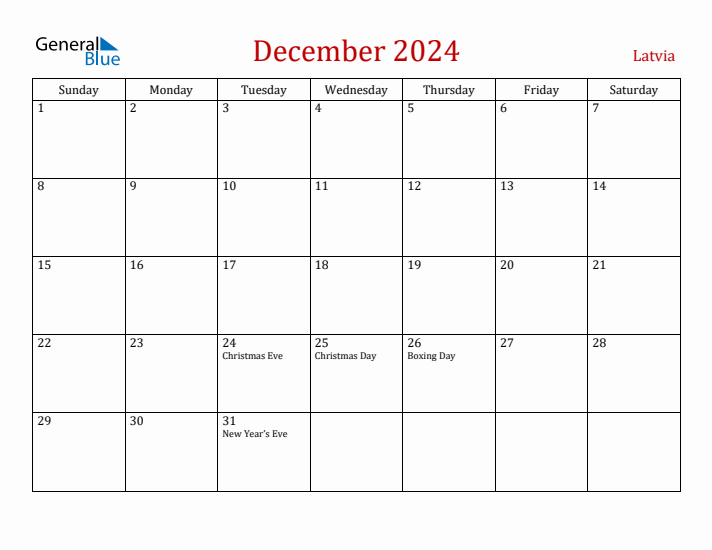 Latvia December 2024 Calendar - Sunday Start