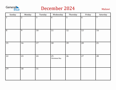 Current month calendar with Malawi holidays for December 2024