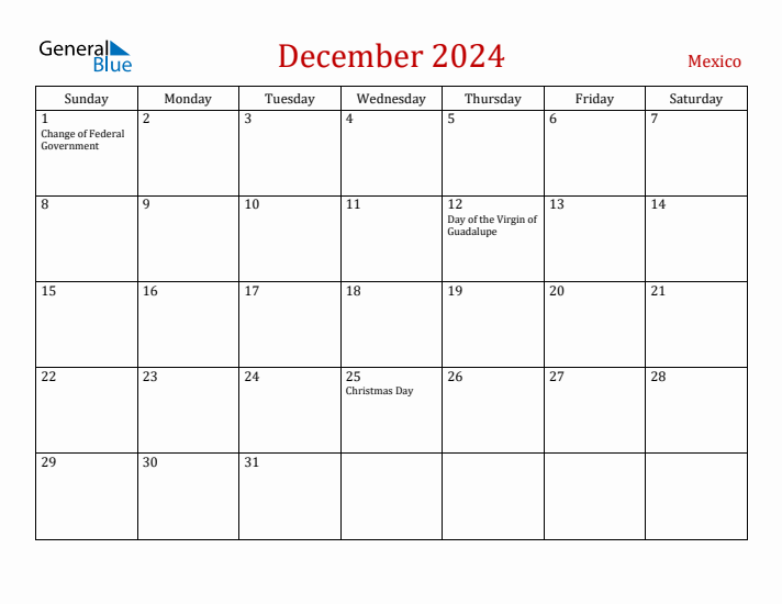 Mexico December 2024 Calendar - Sunday Start