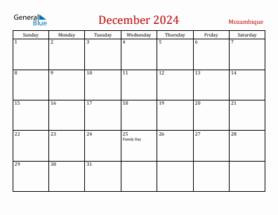 Current month calendar with Mozambique holidays for December 2024