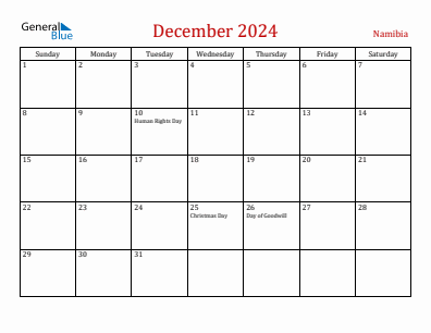 Current month calendar with Namibia holidays for December 2024