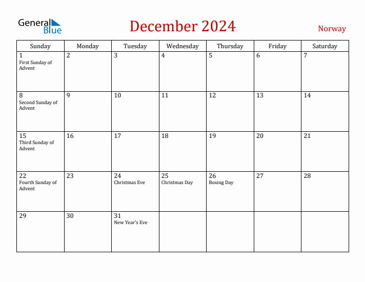 Norway December 2024 Calendar - Sunday Start