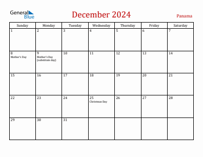 Current month calendar with Panama holidays for December 2024